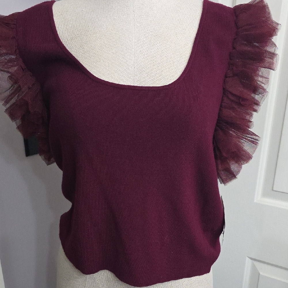 ARULA Burgundy Ruffle Sleeve Knit Top